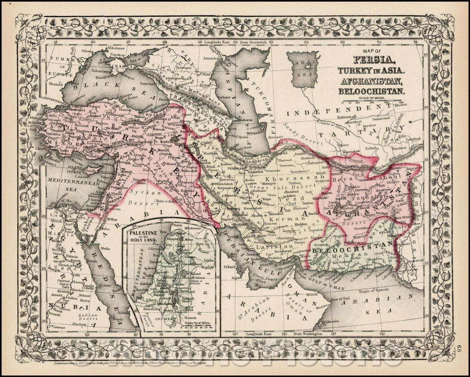 Historic Map - Map of Persia, Turkey in Asia, Afghanistan, Beloochistan, 1870, Samuel Augustus Mitchell Jr. - Vintage Wall Art