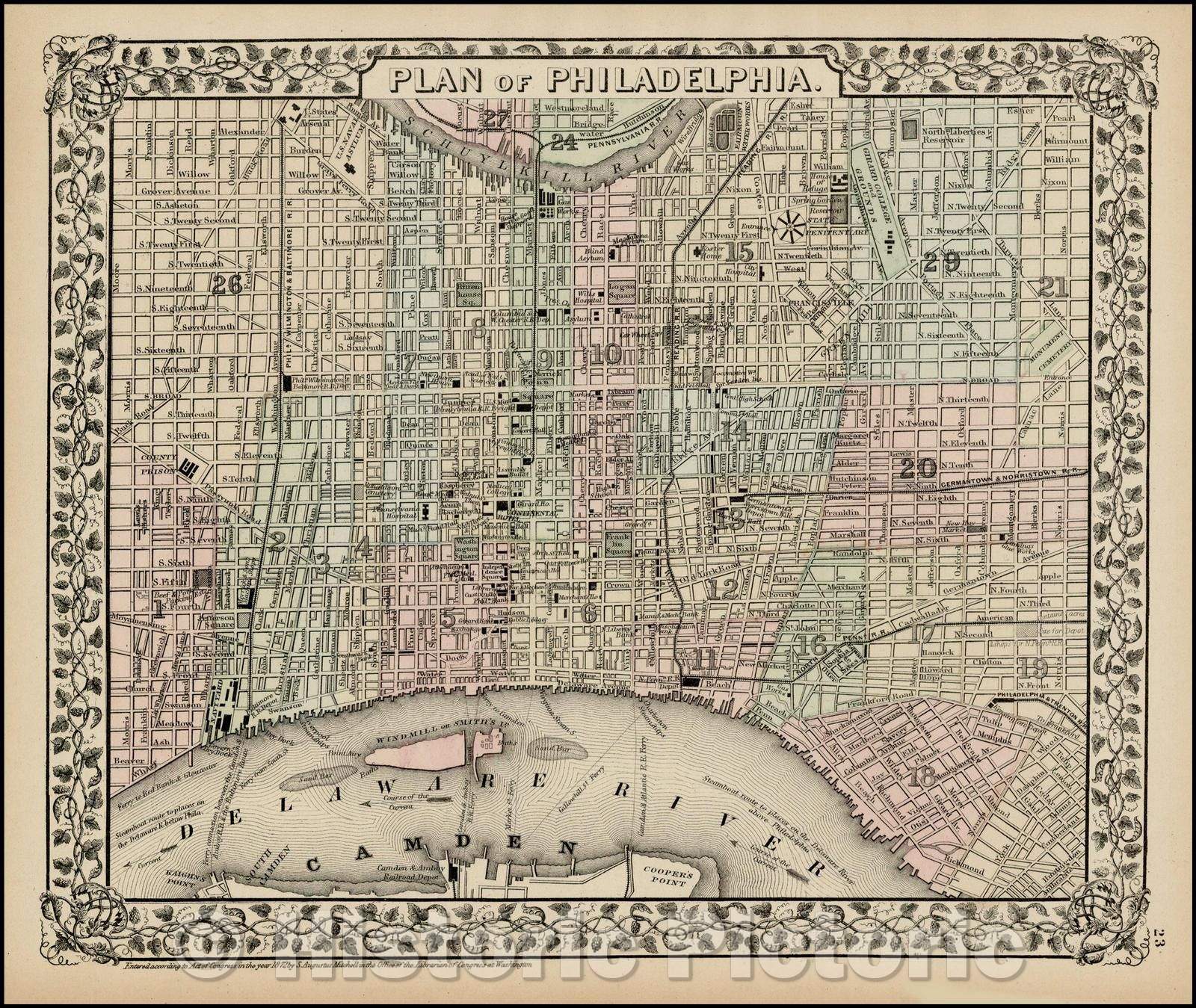 Historic Map - Plan of Philadelphia, 1870, Samuel Augustus Mitchell Jr. - Vintage Wall Art