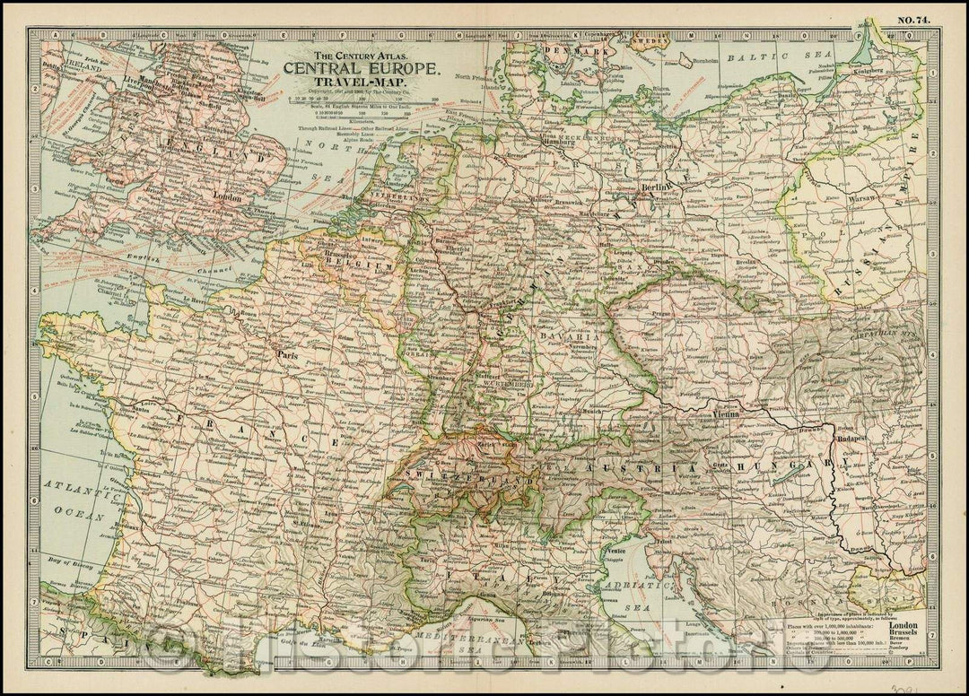 Historic Map - Central Europe, Travel Map, 1897, The Century Company - Vintage Wall Art