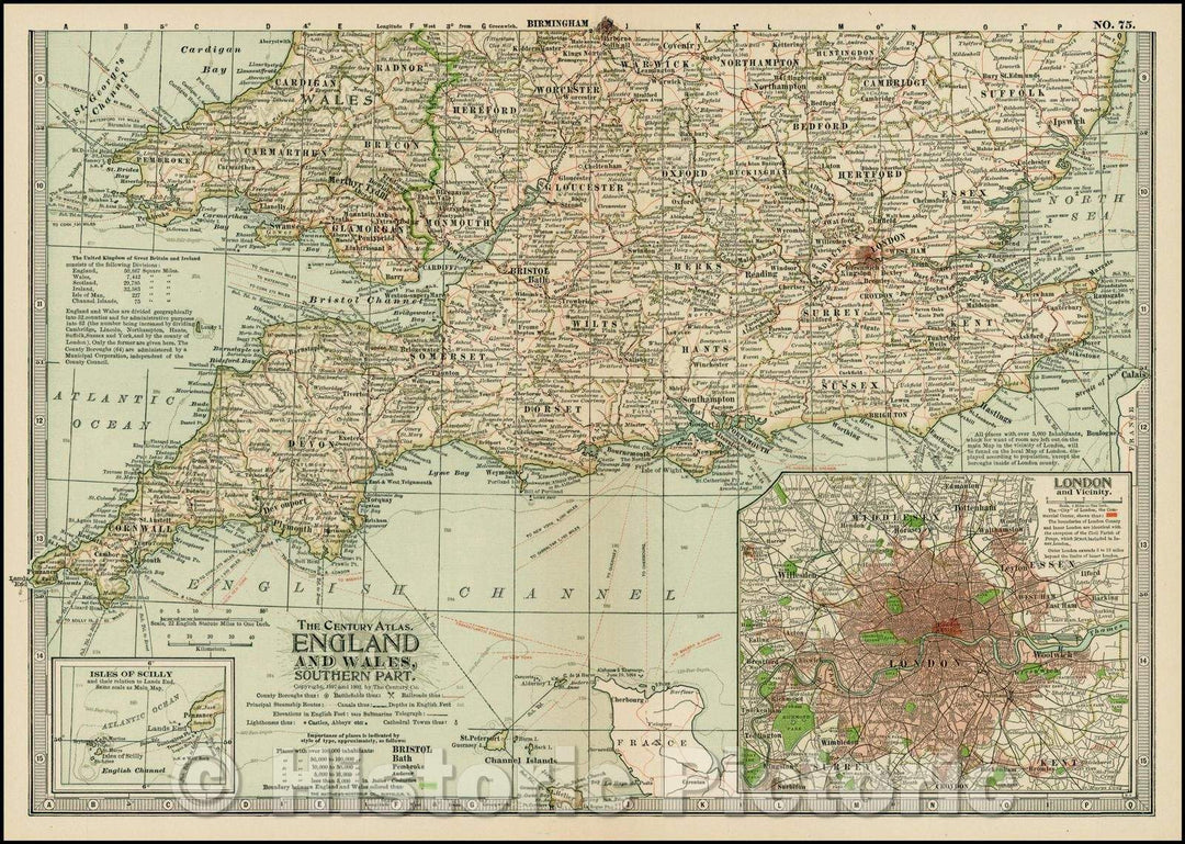 Historic Map - England and Wales, Southern Part, 1897, The Century Company - Vintage Wall Art