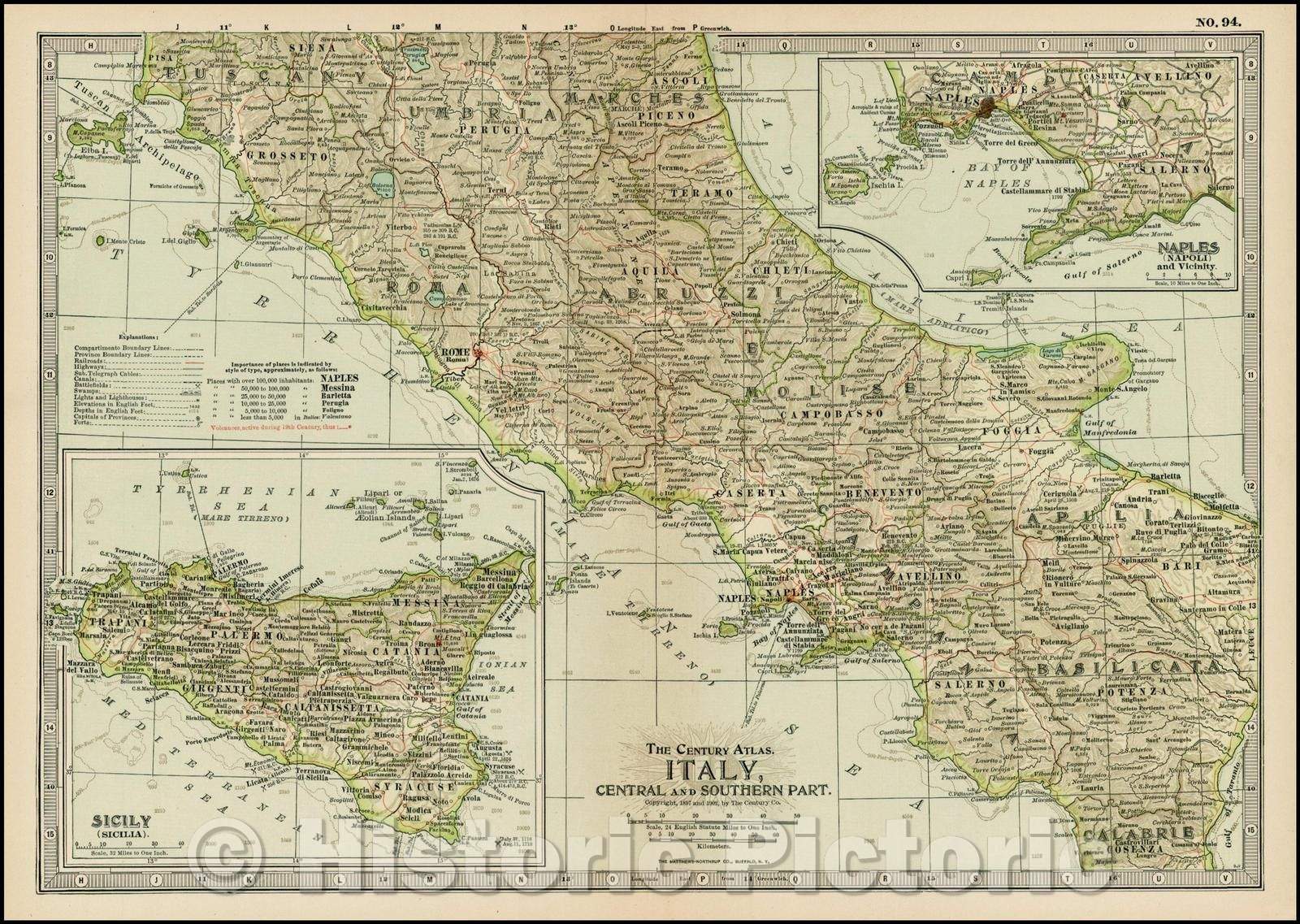 Historic Map - Italy, Central and Southern Part, 1897, The Century Company - Vintage Wall Art