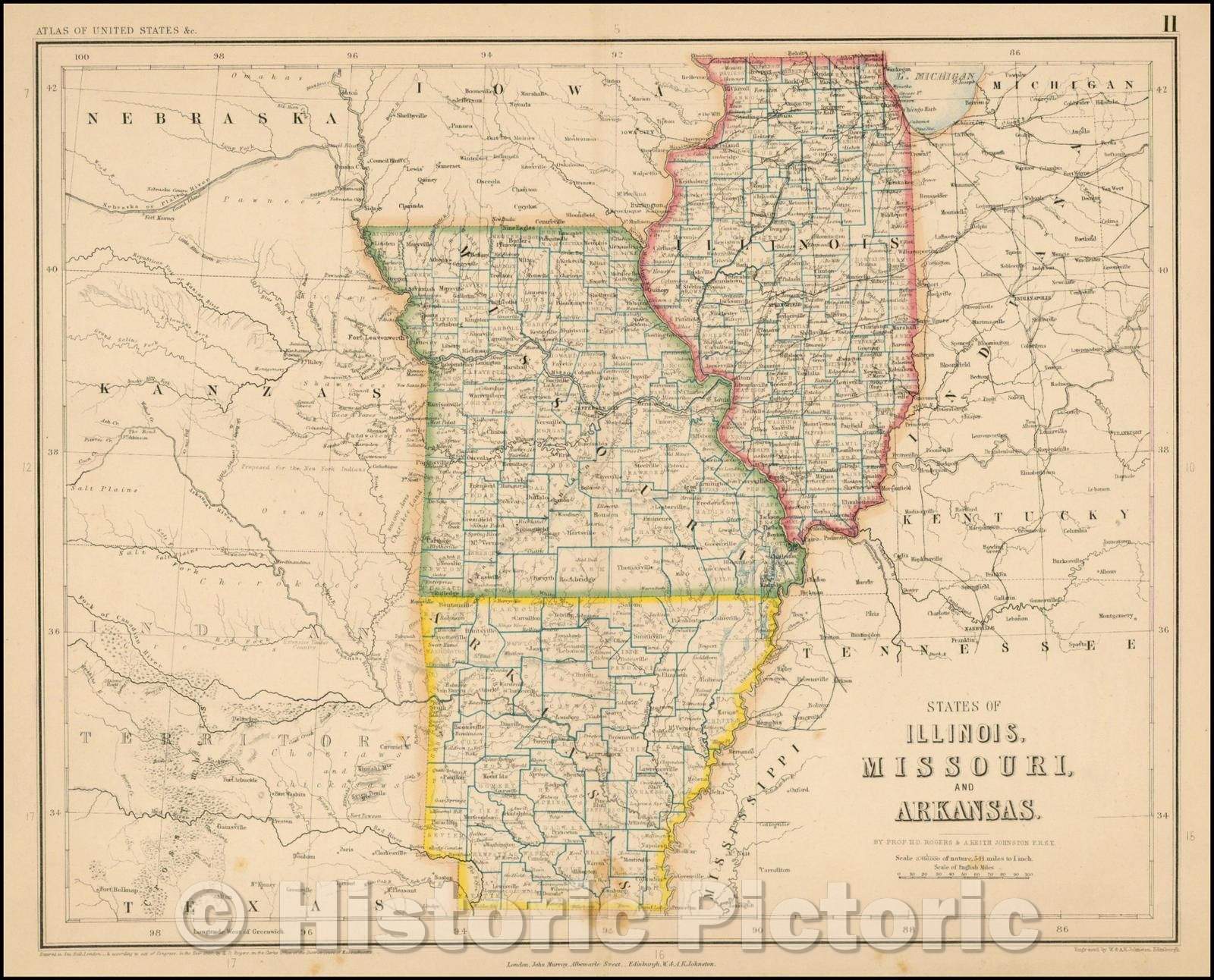 Historic Map - States of Illinois, Missouri and Arkansas, 1857, Henry Darwin Rogers v1