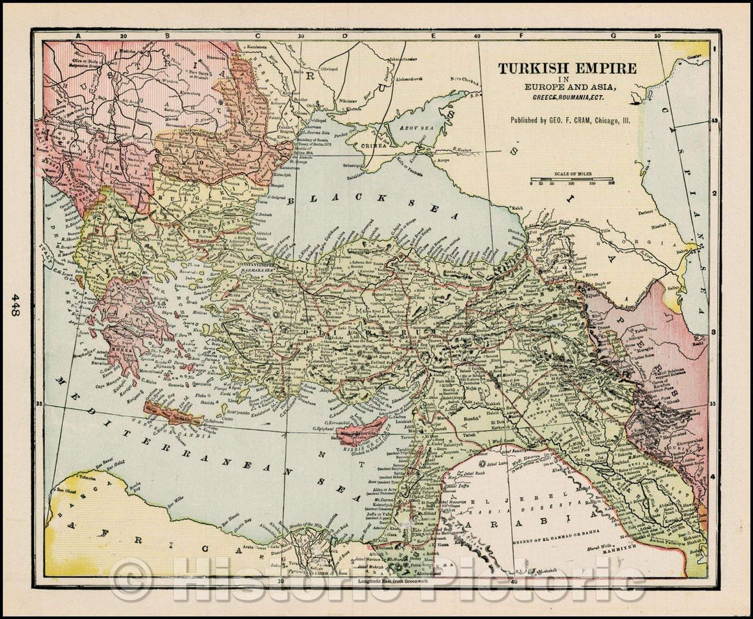 Historic Map - Turkish Empire in Europe and Asia, Greece, Roumania, ect, 1892, George F. Cram - Vintage Wall Art