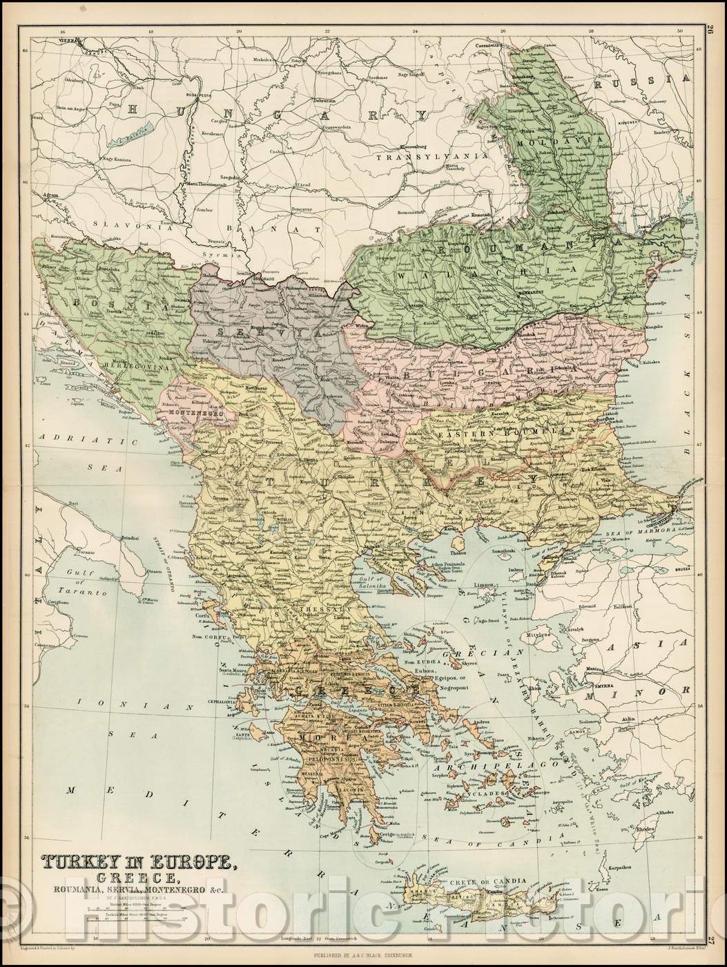 Historic Map - Turkey in Europe, Greece, Roumania, Servia, Montenegro, 1869, Adam & Charles Black - Vintage Wall Art