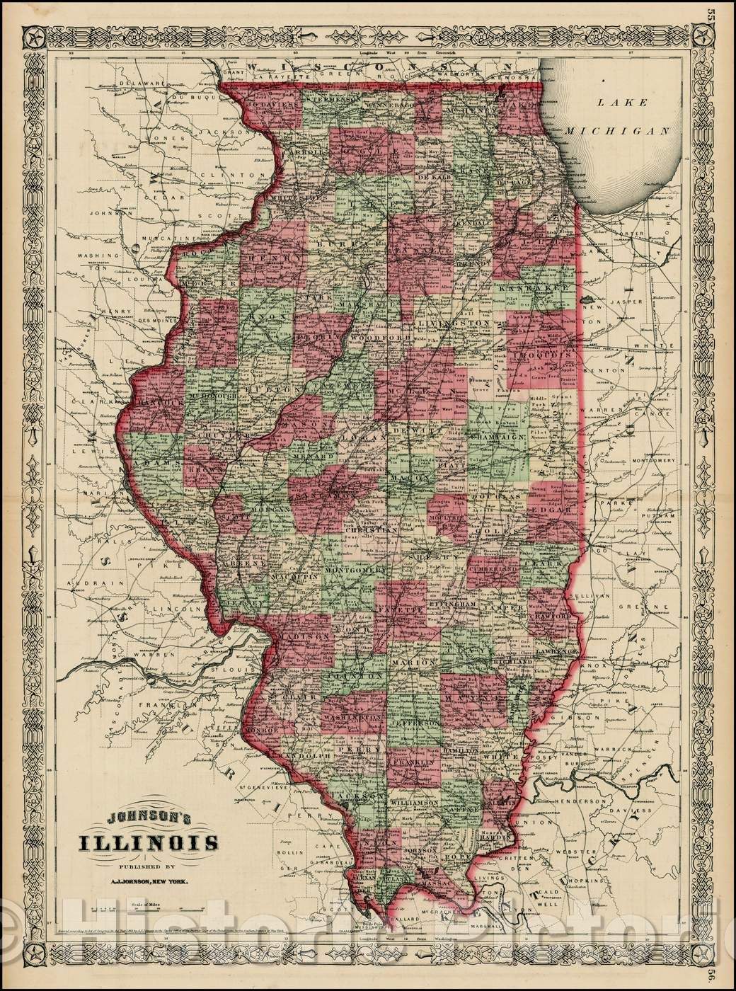 Historic Map - Johnson's Illinois, 1865, Benjamin Ward - Vintage Wall Art