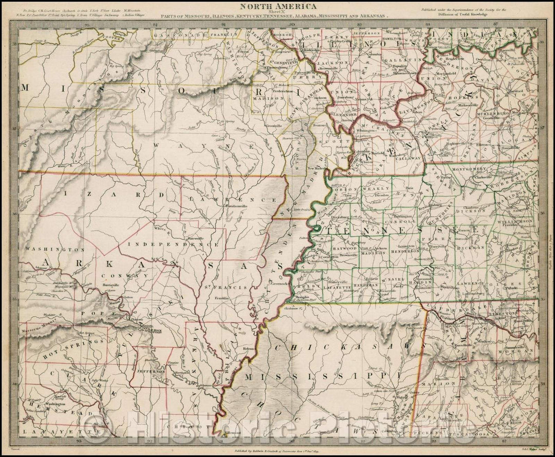 Historic Map - North America Sheet X Parts of Missouri, Illinois, Kentucky, Tennessee, Alabama, Mississippi and Arkansas, 1833, SDUK v1