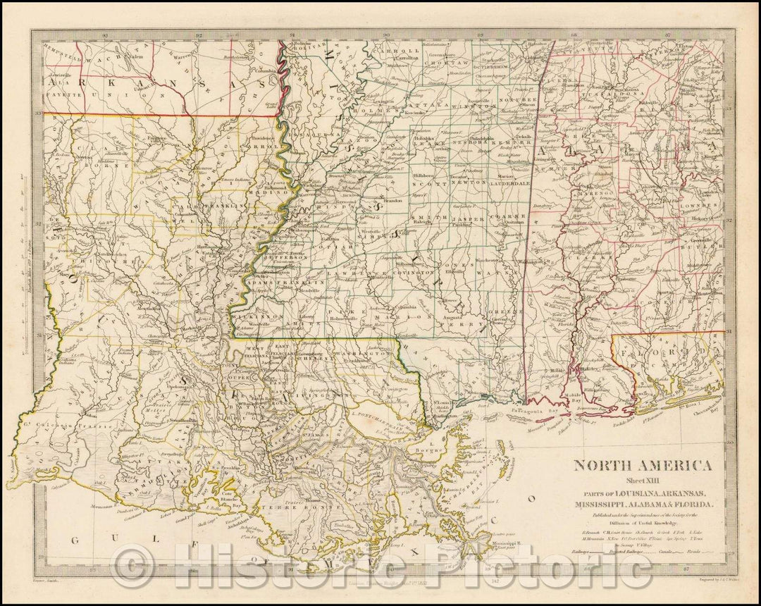 Historic Map - North America Sheet XIII Parts of Louisiana, Arkansas, Mississippi, Alabama & Florida, 1852, SDUK - Vintage Wall Art