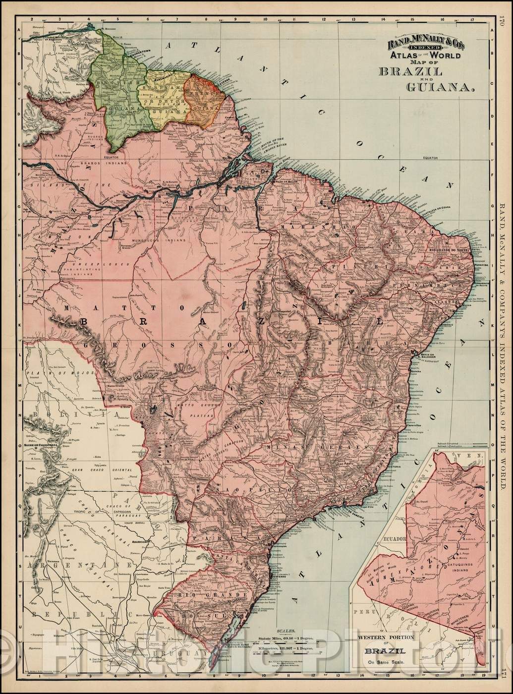 Historic Map - Map of Brazil and Guiana, 1892, William Rand - Vintage Wall Art