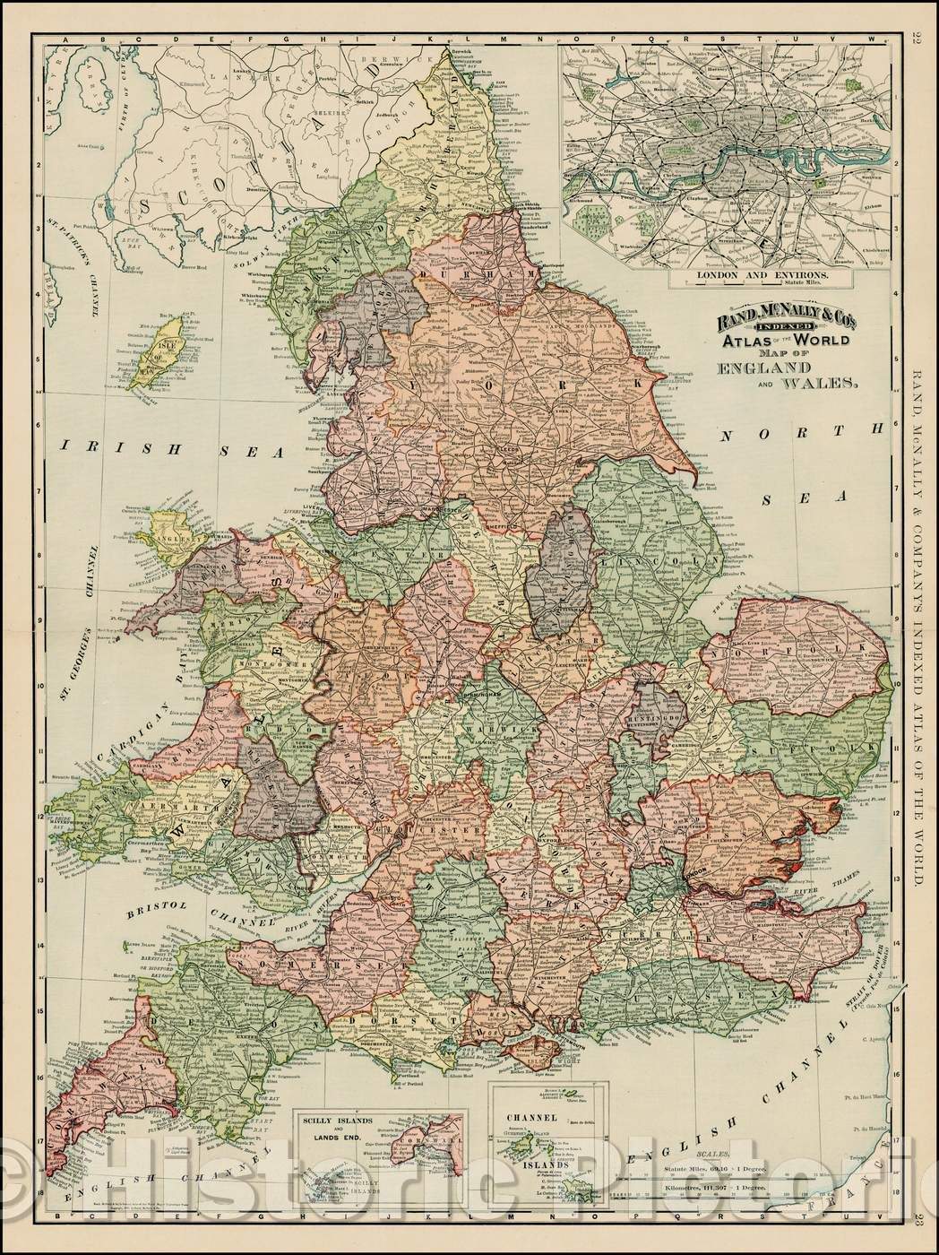 Historic Map - Map of England and Wales, 1892, William Rand - Vintage Wall Art