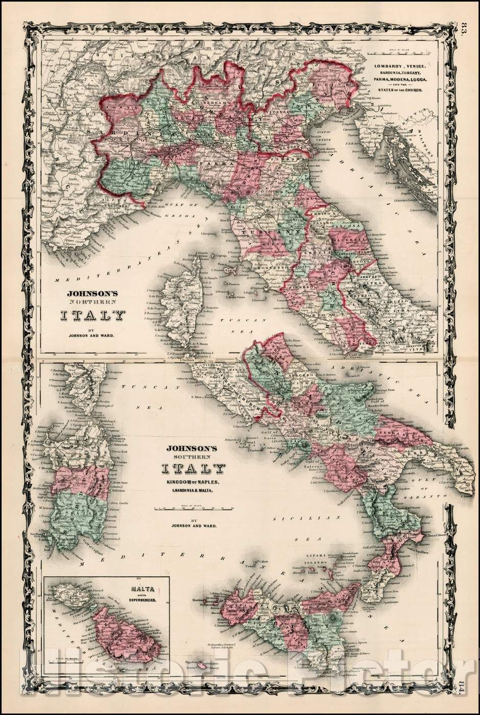 Historic Map - Johnson's Northern Italy and Southern Italy Kingdom of Naples, I. Sardinia & Malta [Large inset of Malta], 1861, Benjamin Ward - Vintage Wall Art