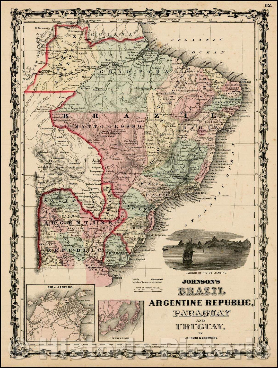 Historic Map - Johnson's Brazil, Argentine Republic, Paraguay and Uruguay, 1863, Benjamin Ward - Vintage Wall Art