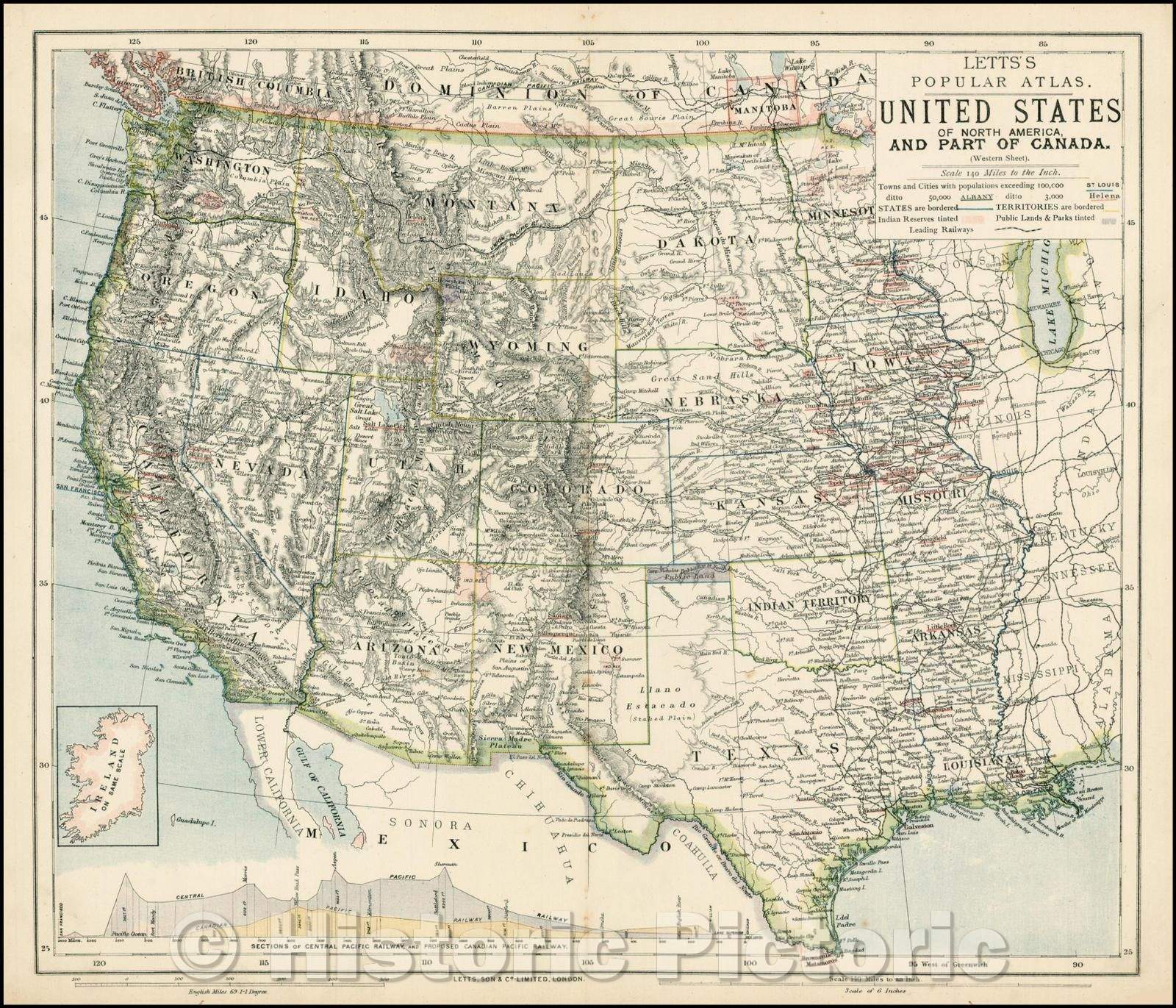 Historic Map - United States of North America And Part of Canada. (Western Sheet), 1883, Letts, Son & Co. Limited - Vintage Wall Art