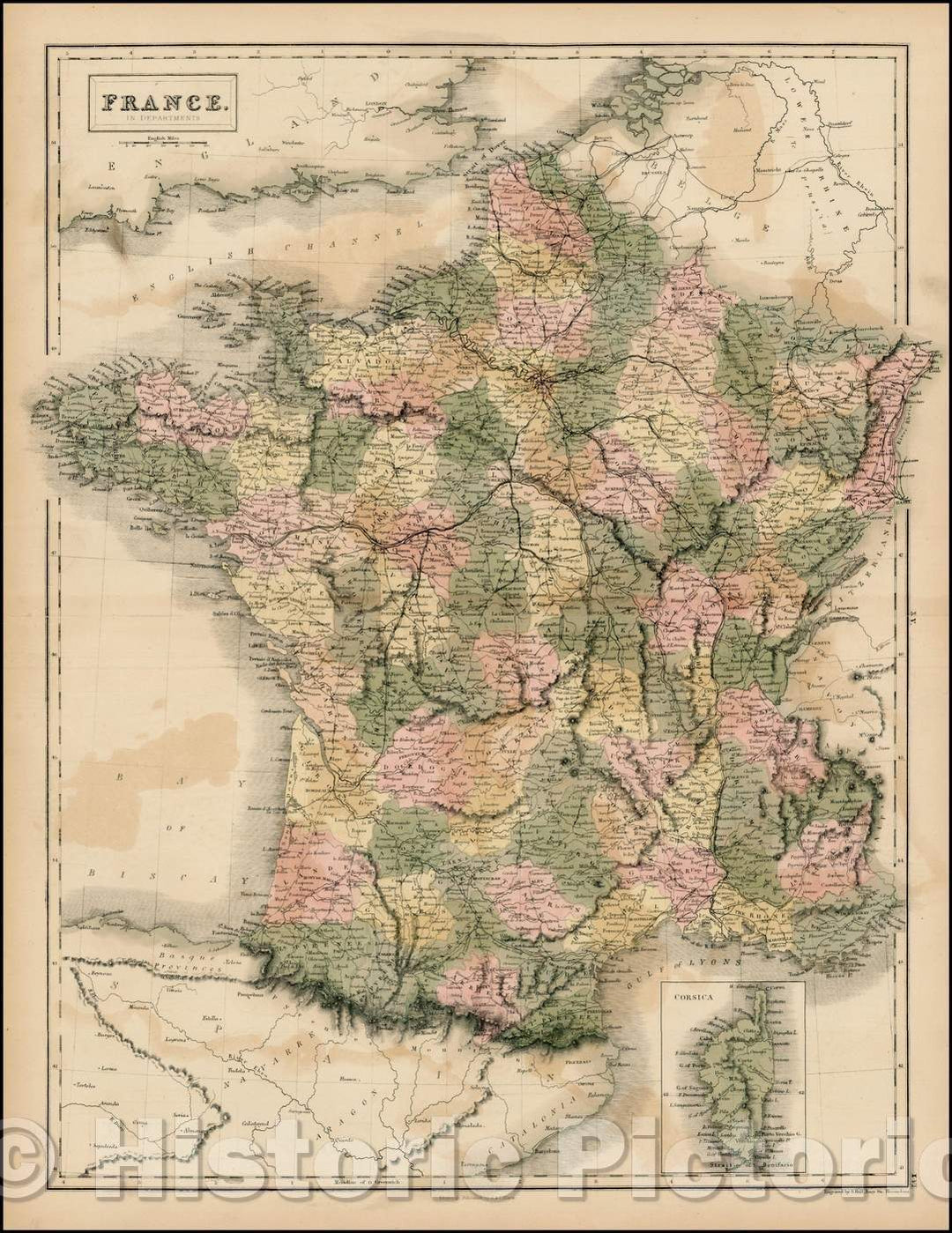 Historic Map - France [Corsica inset] / Map of France, towns, roads, railroads, mountains, rivers, lakes, 1854, Adam & Charles Black - Vintage Wall Art