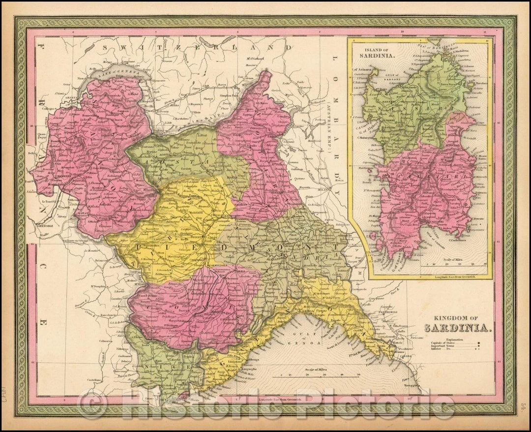 Historic Map - Kingdom of Sardinia (w/inset of Island of Sardinia), 1834, Henry Schenk Tanner - Vintage Wall Art