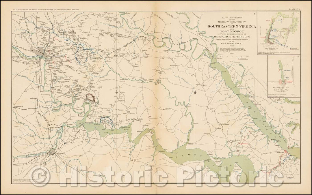 Historic Map - Part of the Map of The Military Deparatment of Southeastern Virgina And Fort Monroe Showing The Approaches To Richmond and Petersburg, 1891 - Vintage Wall Art