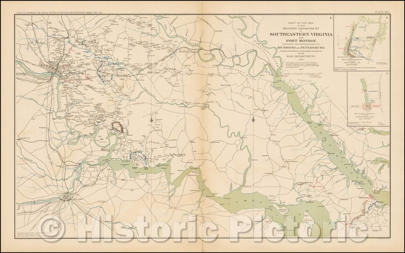 Historic Map - Part of the Map of The Military Deparatment of Southeastern Virgina And Fort Monroe Showing The Approaches To Richmond and Petersburg, 1891 - Vintage Wall Art