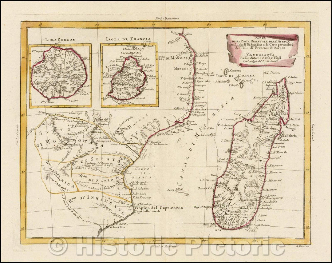 Historic Map - Parte Della Costa Orientale Dell' Africa con l'Isola di Madagscar e le Carte Particolari dell' Isole di Francia e di Borbon, 1784, Antonio Zatta v1