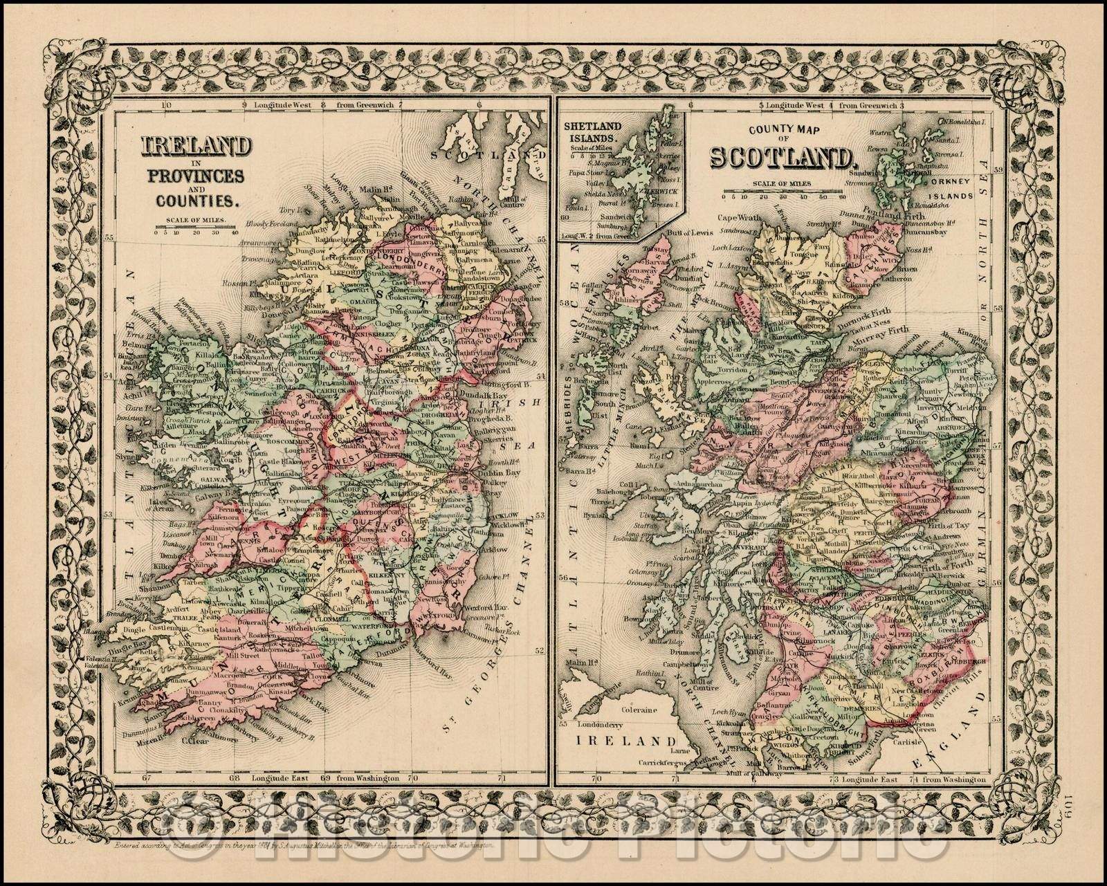 Historic Map - Ireland in Provinces and Counties [with] County Map of Scotland, 1866, Samuel Augustus Mitchell Jr. - Vintage Wall Art