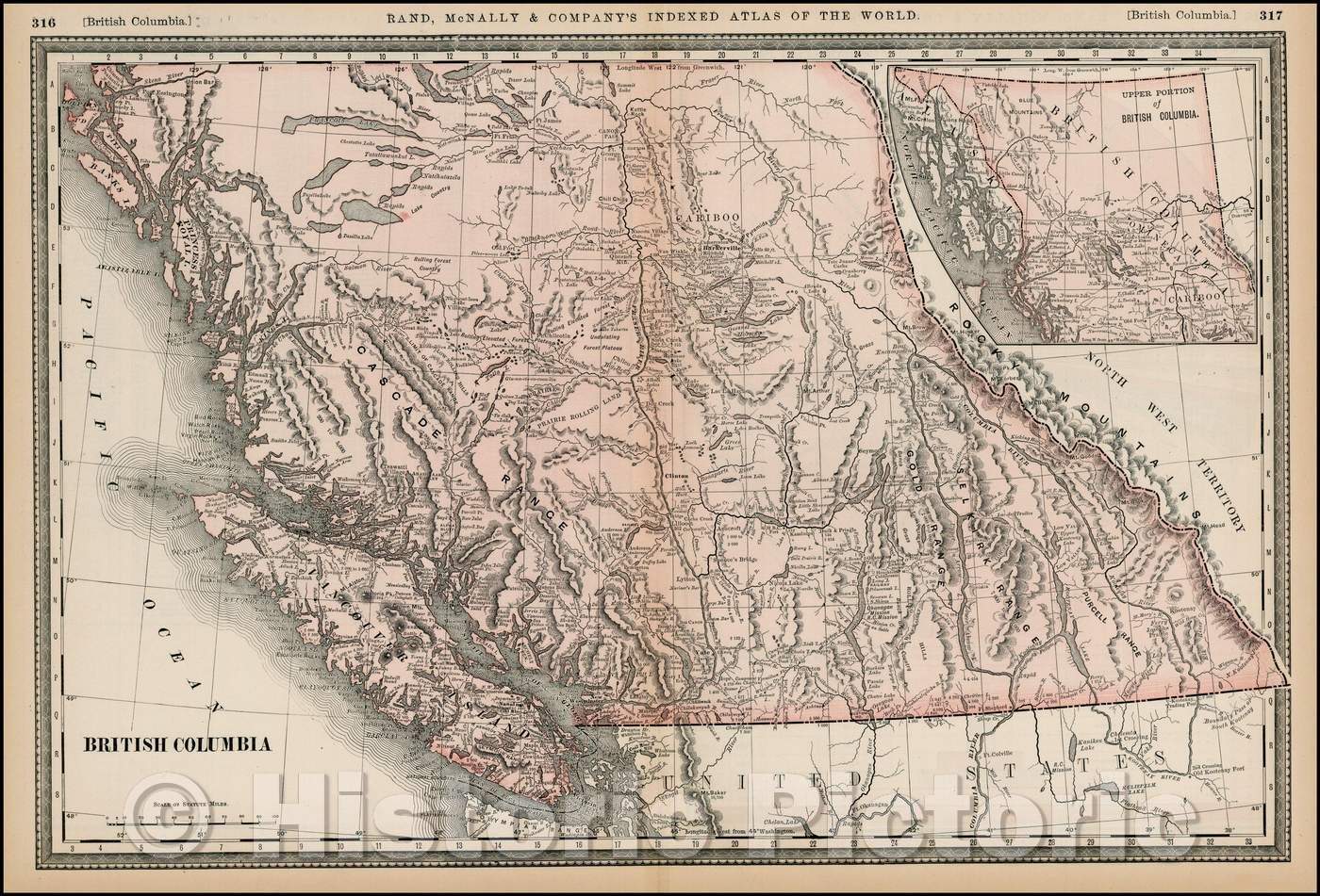 Historic Map - British Columbia, 1887, Rand McNally & Company - Vintage Wall Art