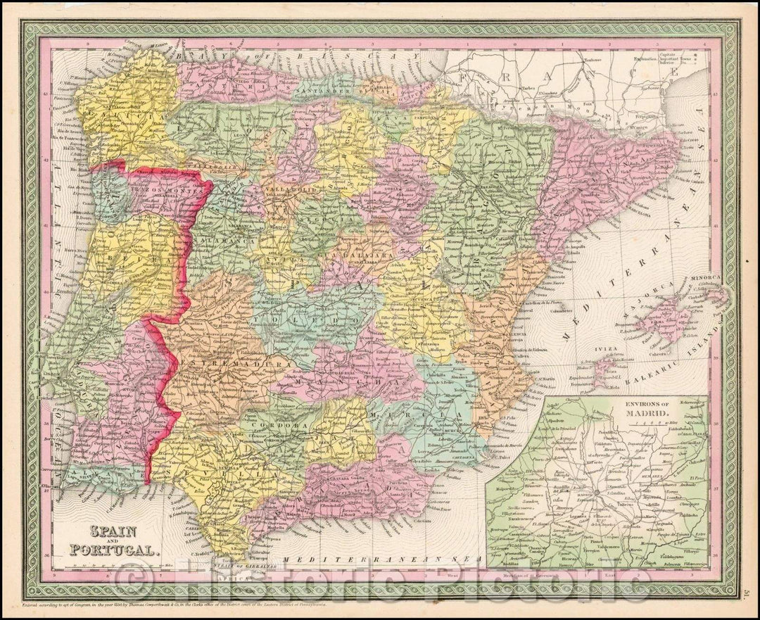 Historic Map - Spain and Portugal (with inset of Environs of Madrid), 1850, Thomas, Cowperthwait & Co. - Vintage Wall Art