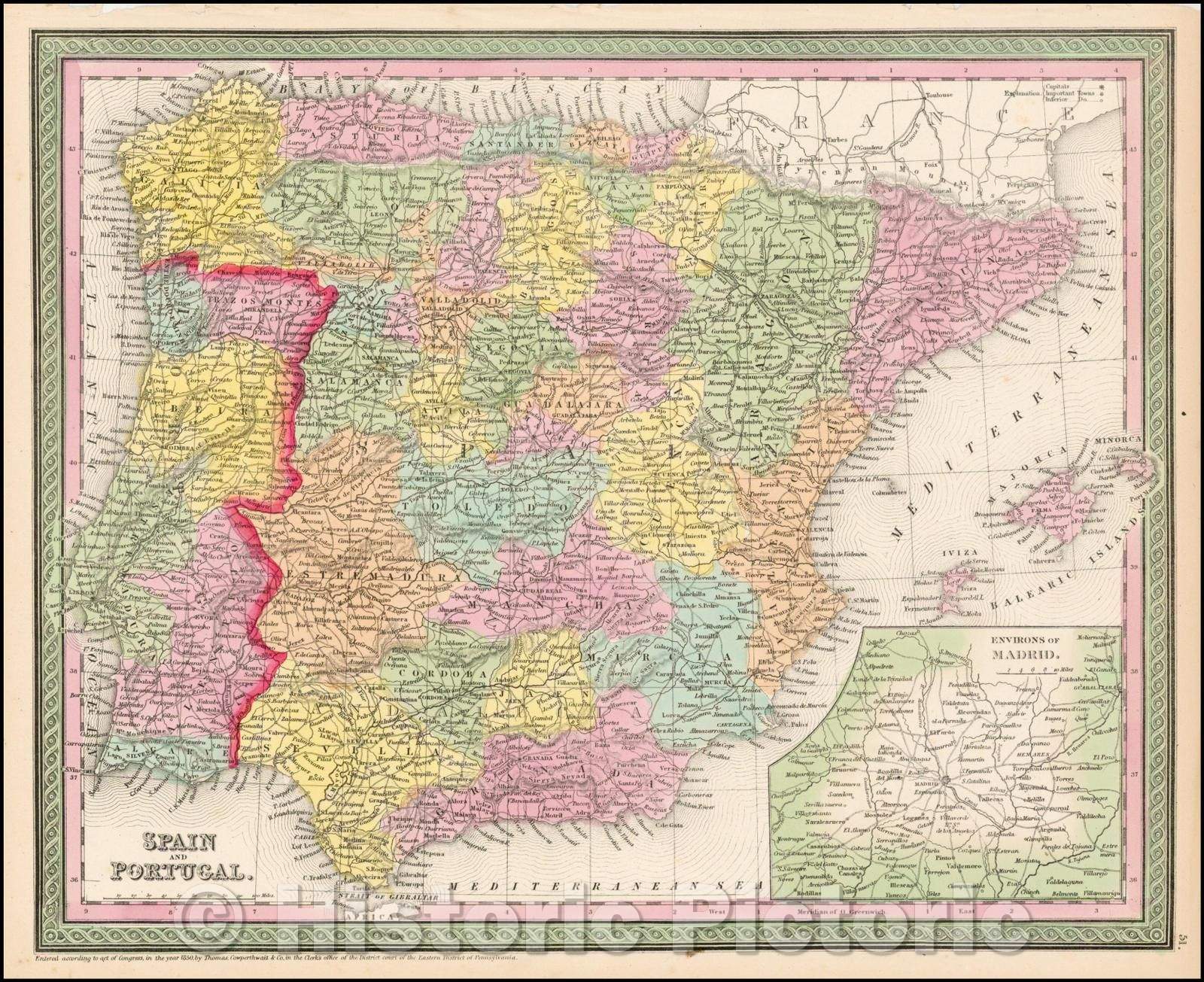 Historic Map - Spain and Portugal (with inset of Environs of Madrid), 1850, Thomas, Cowperthwait & Co. - Vintage Wall Art