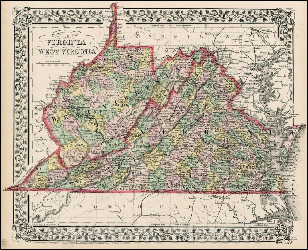 Historic Map - County Map of Virginia and West Virginia, 1864, Samuel Augustus Mitchell Jr. - Vintage Wall Art