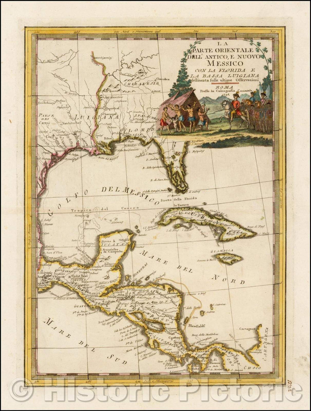 Historic Map - La Parte Orientale Dell'Antico, E Nuovo Messico Con Florida E La Bassa Luigiana/Cassini's Map of US, Central America, Cuba, Jamaica, 1798 - Vintage Wall Art