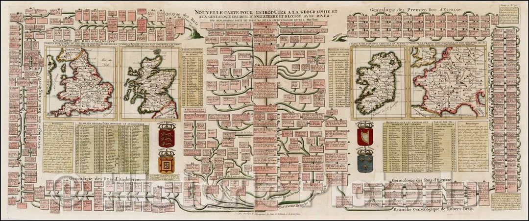 Historic Map - Nouvelle Carte Pour Introduire A La Geographie, Genealogie Des Rois D'Angleterre et D'Ecosse Maps of Ireland, England, Scotland, France, 1719 - Vintage Wall Art