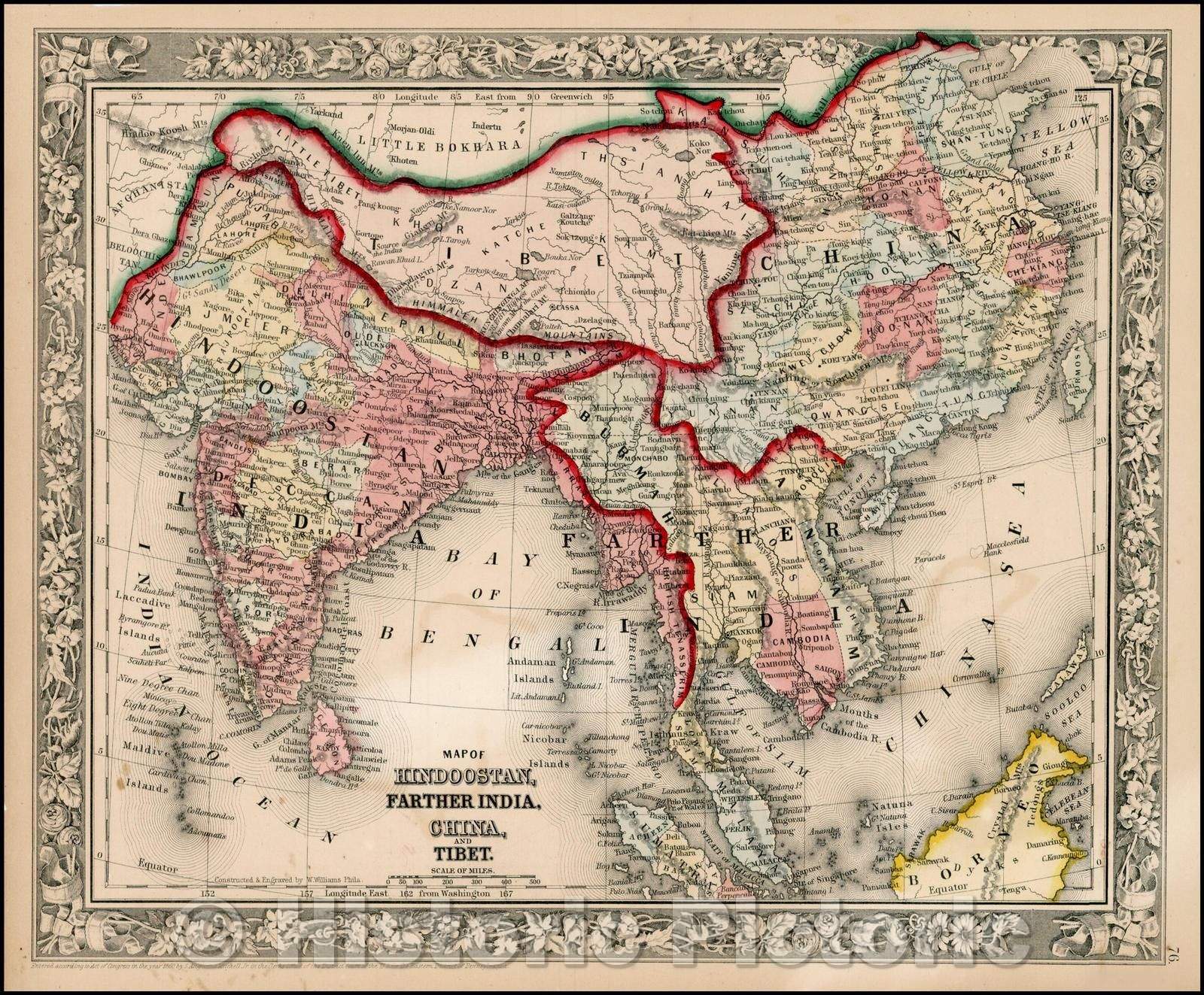 Historic Map - Map of Hindoostan, Farther India, China and Tibet, 1862, Samuel Augustus Mitchell Jr. - Vintage Wall Art