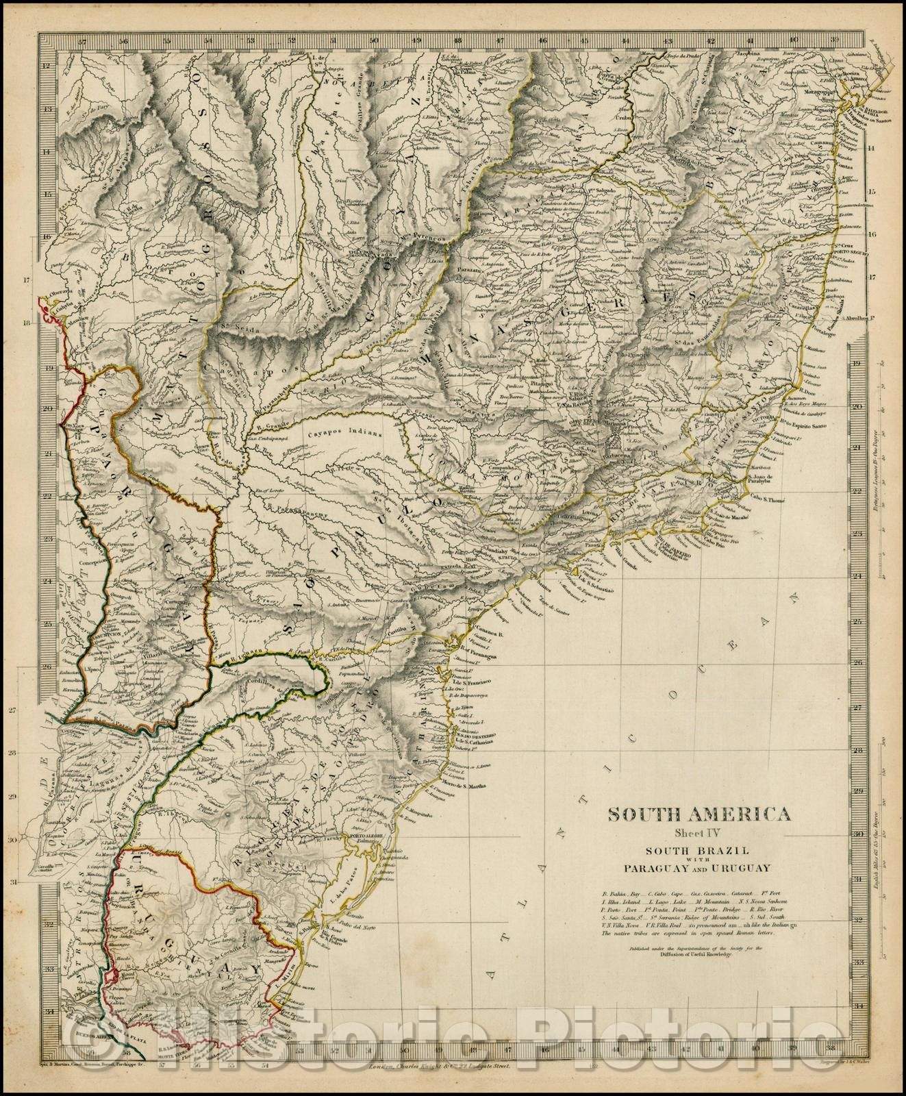 Historic Map - South America Sheet IV South Brazil with Paraguay and Uruguay, 1849, SDUK - Vintage Wall Art