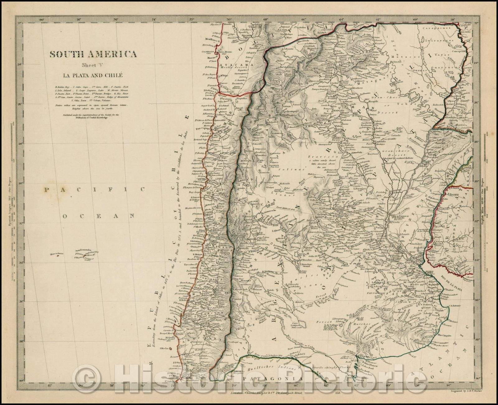 Historic Map - South America Sheet V La Plata and Chile, 1849, SDUK - Vintage Wall Art