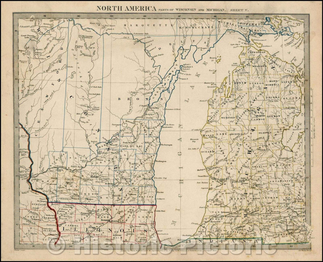 Historic Map - North America Parts Of Wisconsin And Michigan Sheet V, 1844, SDUK v1