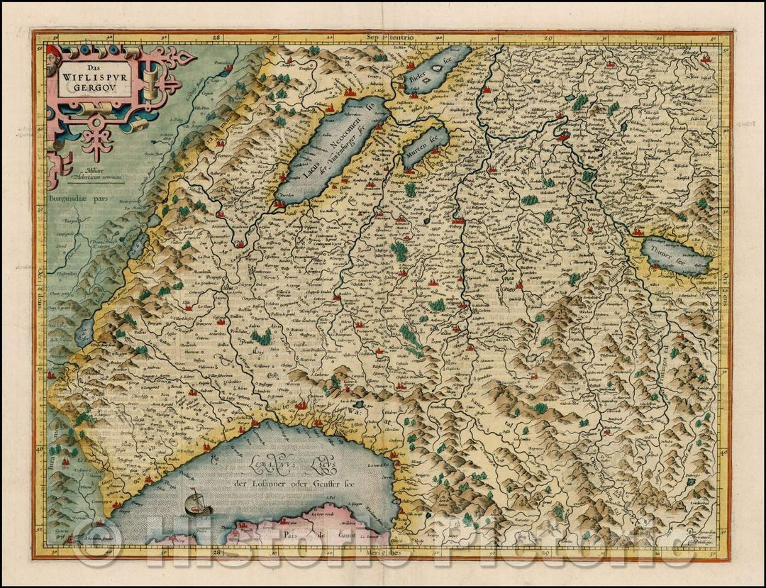 Historic Map - Das Wiflispurgergow/Map of Southwestern Switzerland, Geneva, Lake Geneva, Lake Neuchatel, Lake Biel, Bern, Freiburg, 1610, Gerhard Mercator - Vintage Wall Art