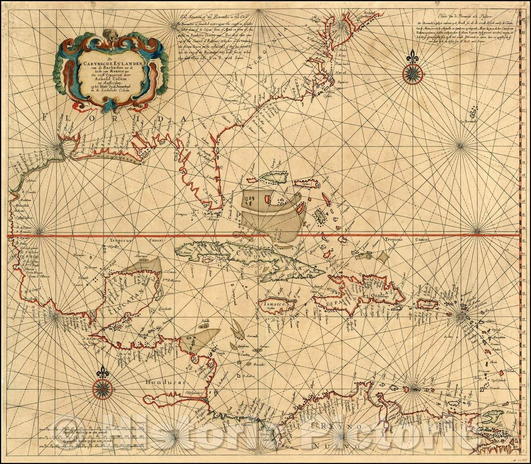 Historic Map - De Carybsche Eylanden van de Barbados to de bocht van Mexico/Map of the Southeastern US, Gulf Coast, Central America and the Caribbean, 1654 - Vintage Wall Art