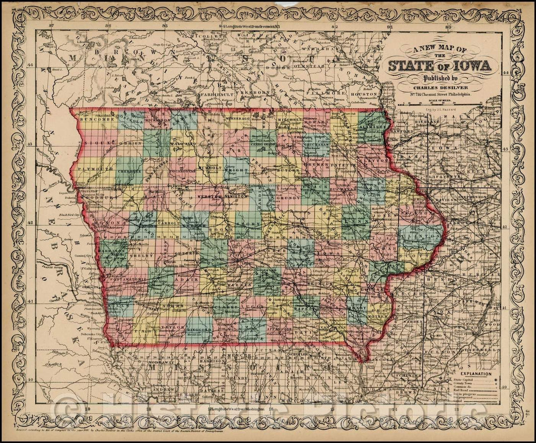 Historic Map - The State Of Iowa, 1859, Charles Desilver - Vintage Wall Art