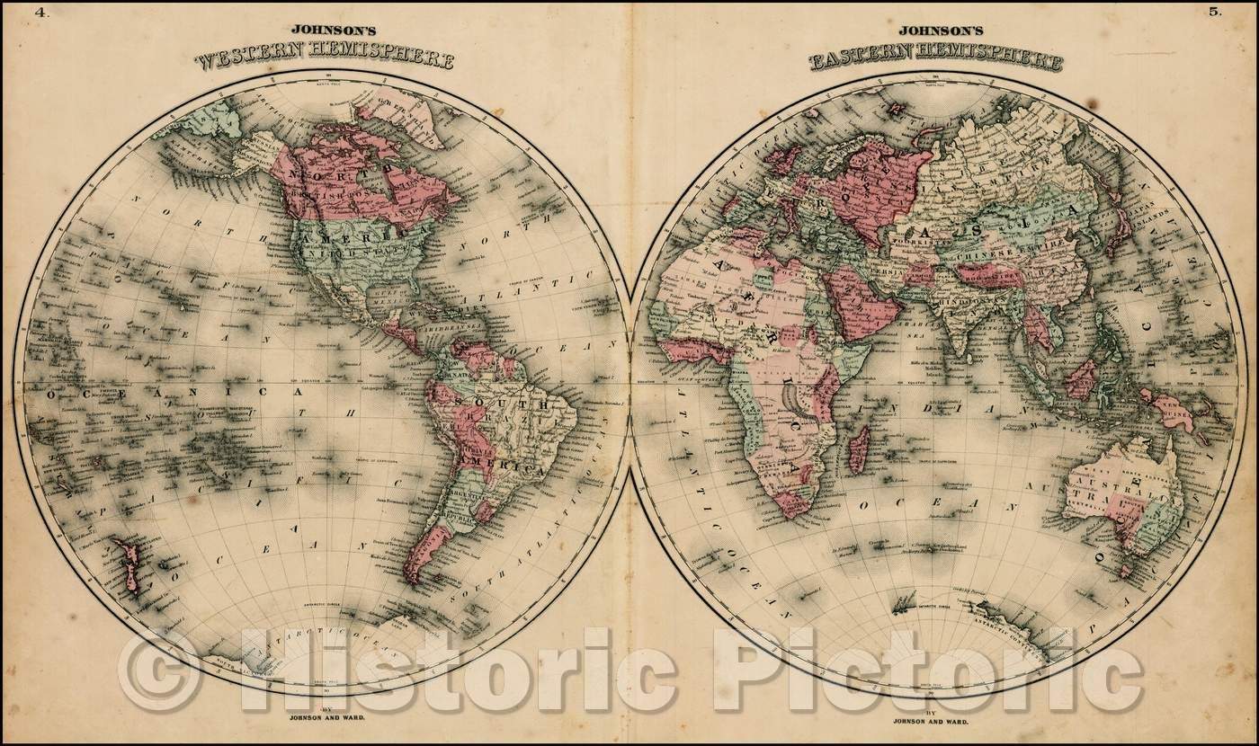 Historic Map - Johnson's Western Hemisphere & Johnson's Eastern Hemisphere, 1863, Benjamin Ward v1