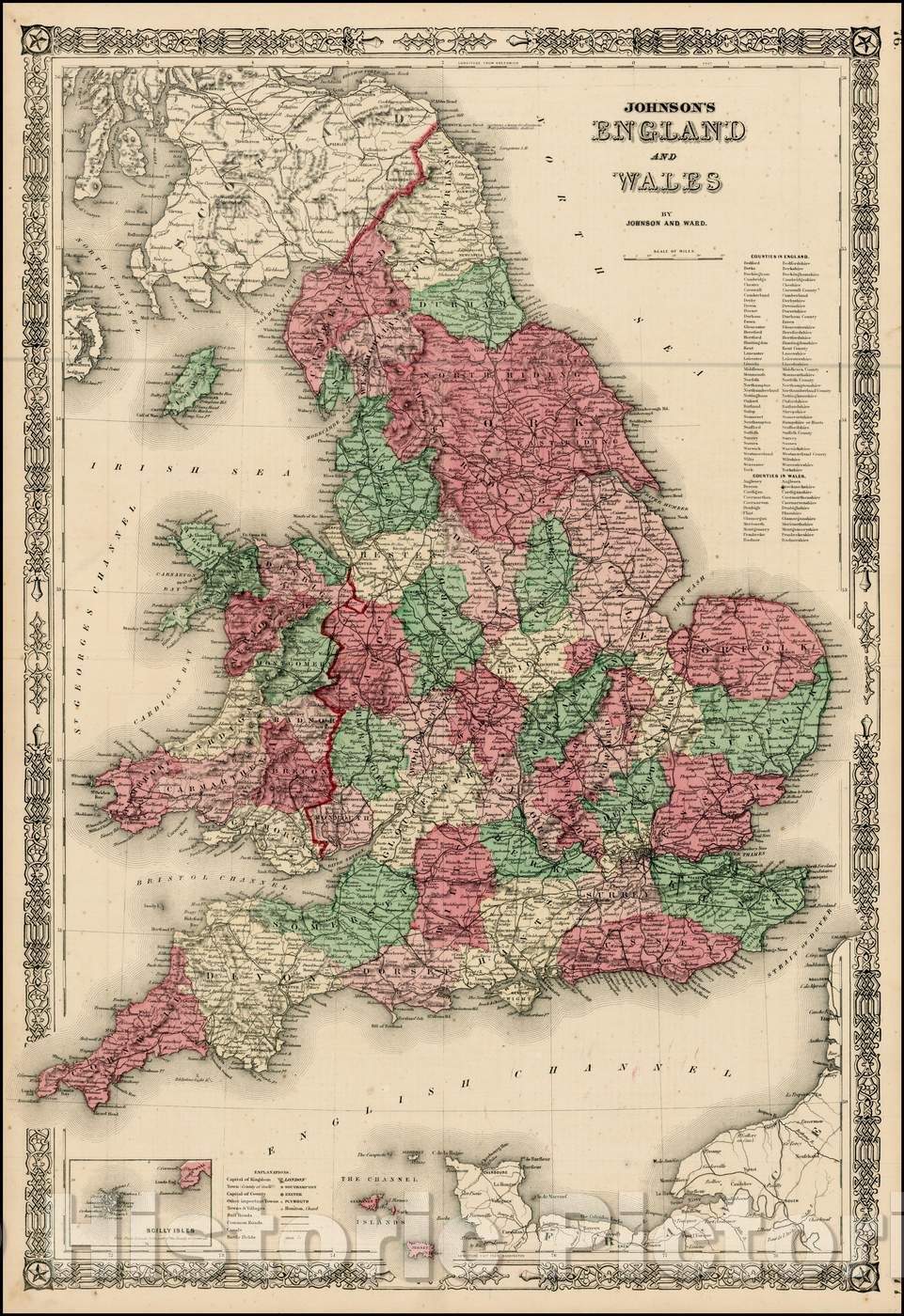 Historic Map - Johnson's England & Wales, 1863, Benjamin Ward - Vintage Wall Art