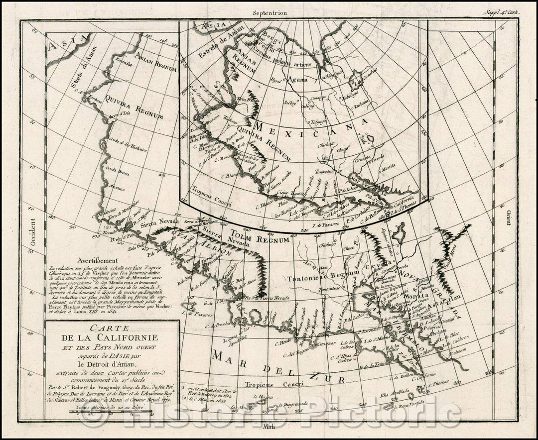 Historic Map - Carte De La Californie Et Des Pays Nord Ouest separes de L'Asie par le Detroit d'Anian, 1772, Denis Diderot v1