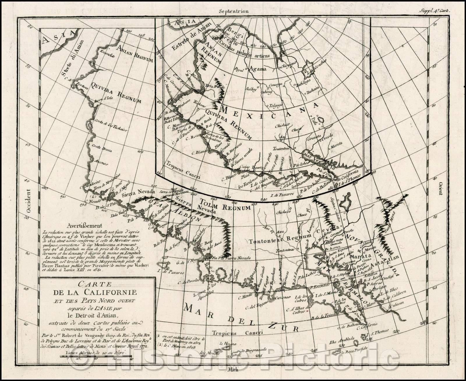 Historic Map - Carte De La Californie Et Des Pays Nord Ouest separes de L'Asie par le Detroit d'Anian, 1772, Denis Diderot v1