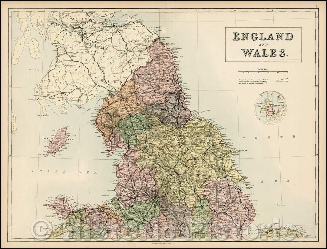 Historic Map - England and Wales [northern part], 1869, Adam & Charles Black - Vintage Wall Art