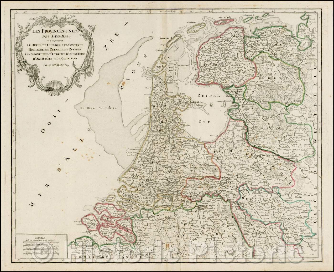 Historic Map - Les Provinces-Unies Des Pays Bas/Map of the Low Countries, published in Paris, 1755, Gilles Robert de Vaugondy - Vintage Wall Art