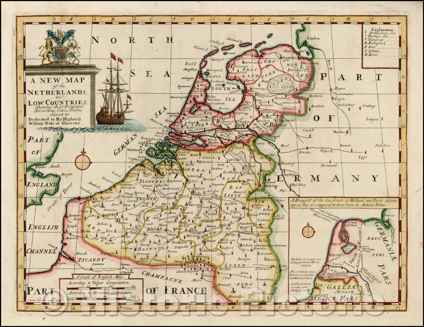 Historic Map - The Netherlands or Low Countries, Shewing their Principal Divisions, Cities, Towns, Rivers, 1700, Edward Wells - Vintage Wall Art