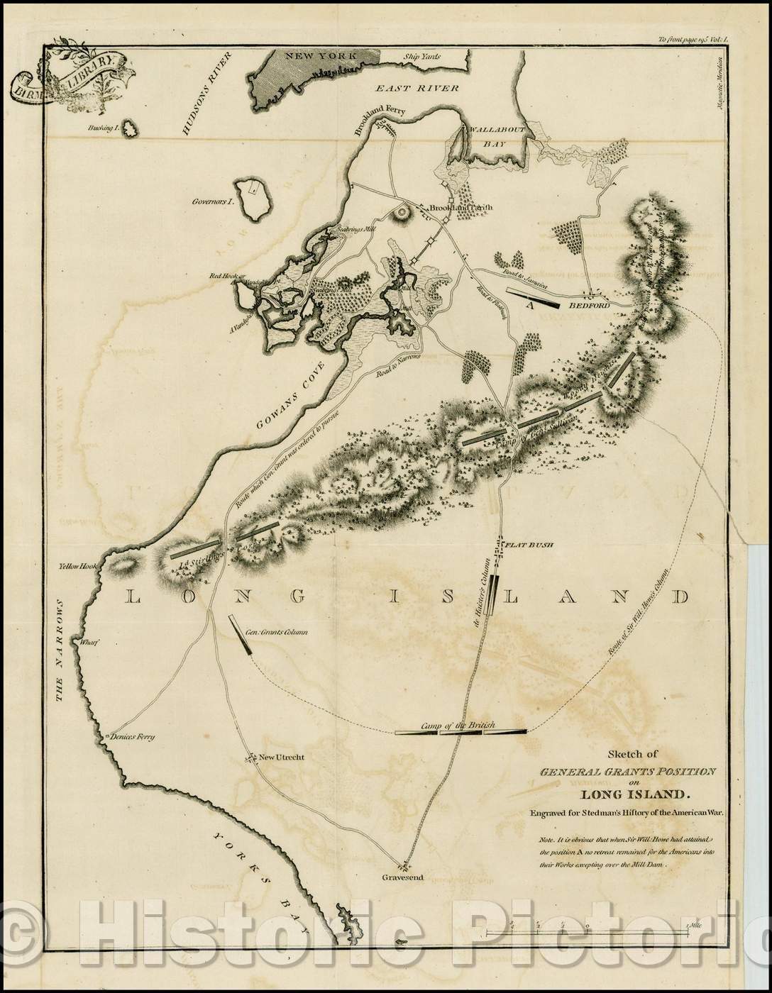 Historic Map - Battle of Long Island Sketch of General Grants Position on Long Island, 1794, Charles Stedman - Vintage Wall Art