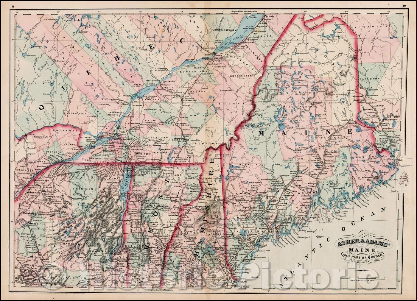 Historic Map - Asher & Adams' Maine And Part of Quebec, 1872, Asher - Vintage Wall Art