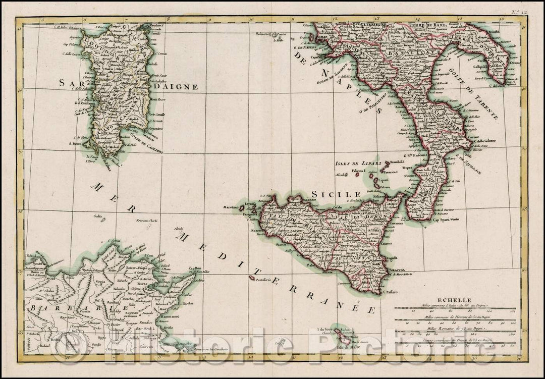 Historic Map - Map of Sicily, Sardinia and Naples, 1770, Rigobert Bonne - Vintage Wall Art