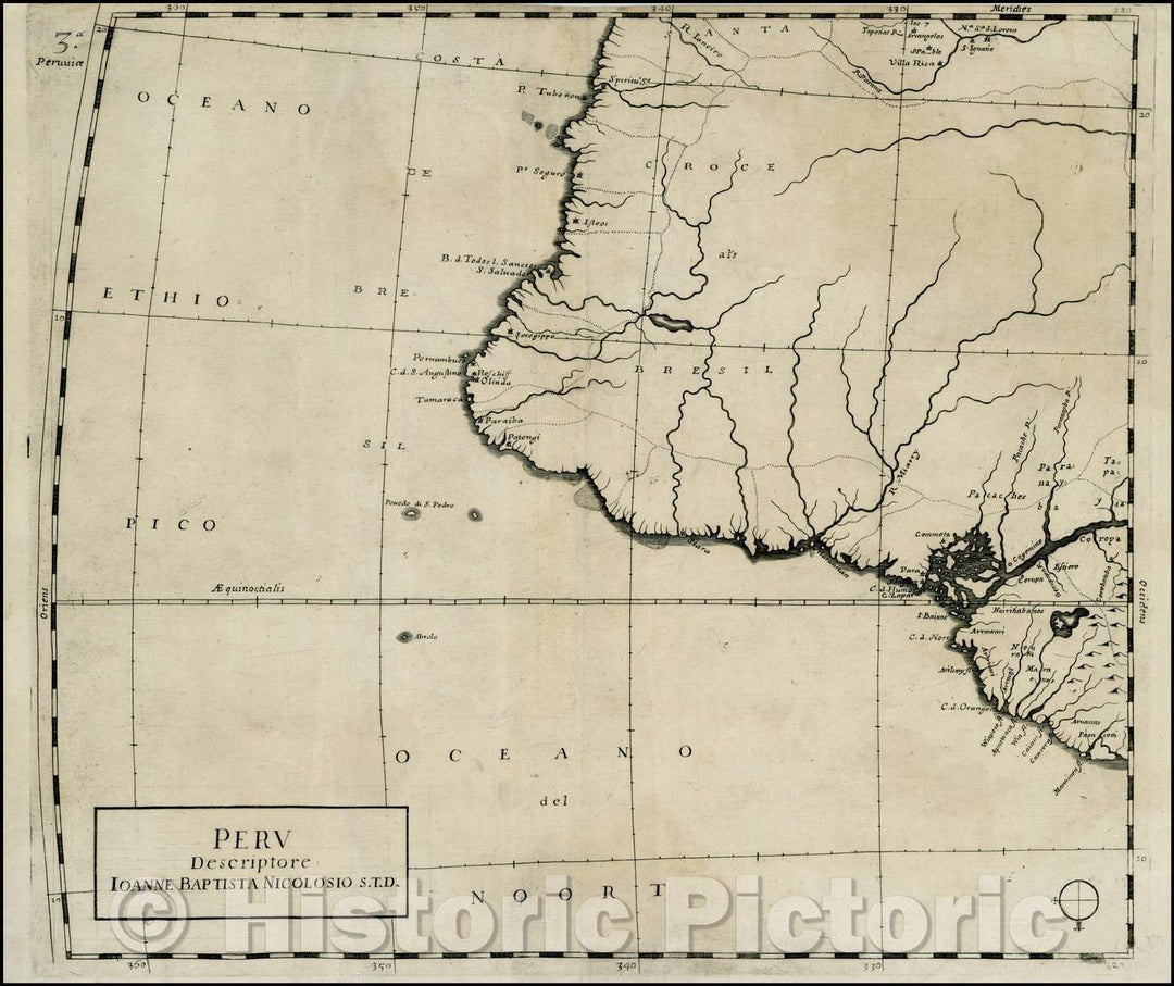 Historic Map - Peru Descriptore[Shows Brazil], 1660, Giovanni Battista Nicolosi - Vintage Wall Art