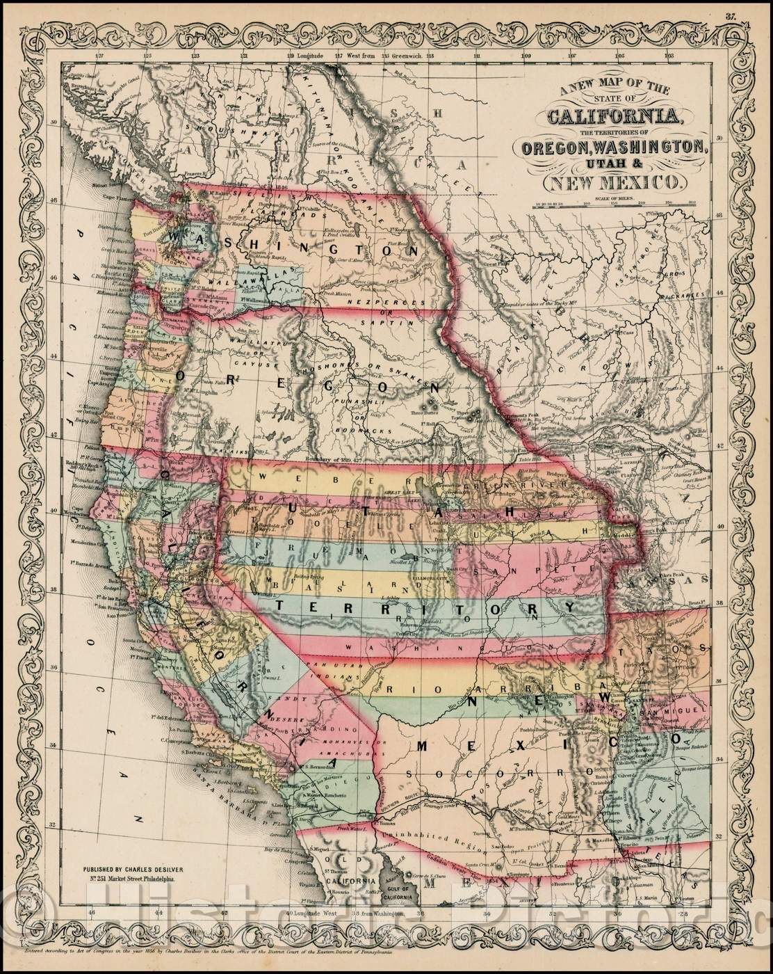 Historic Map - The State Of California, The Territories Of Oregon, Washington, Utah & New Mexico, 1856, Charles Desilver - Vintage Wall Art