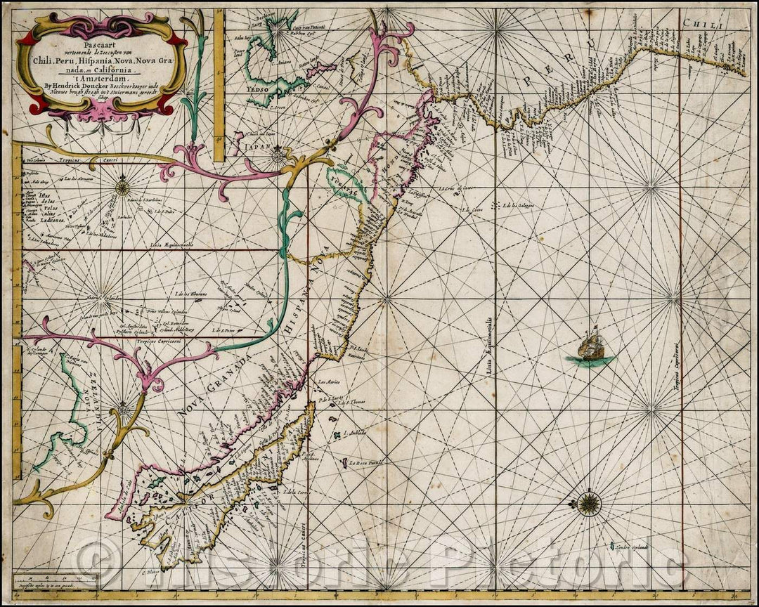 Historic Map - Pascaart vertoonende de zeecusten van Chili, Peru, Hispani/Sea Chart, West Coast of the Pacific Ocean, Island of California to Chili etc, 1660 v1