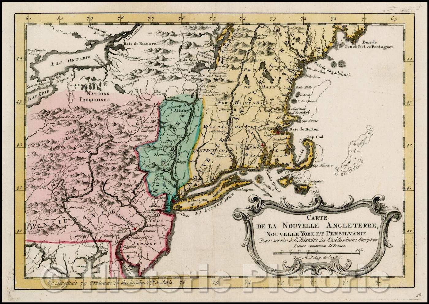 Historic Map - Carte De La Nouvelle Angleterre, Nouvelle Yorck et Pensilvanie/Card New England, New Yorck and Pensilvanie, 1770, A. Krevelt - Vintage Wall Art