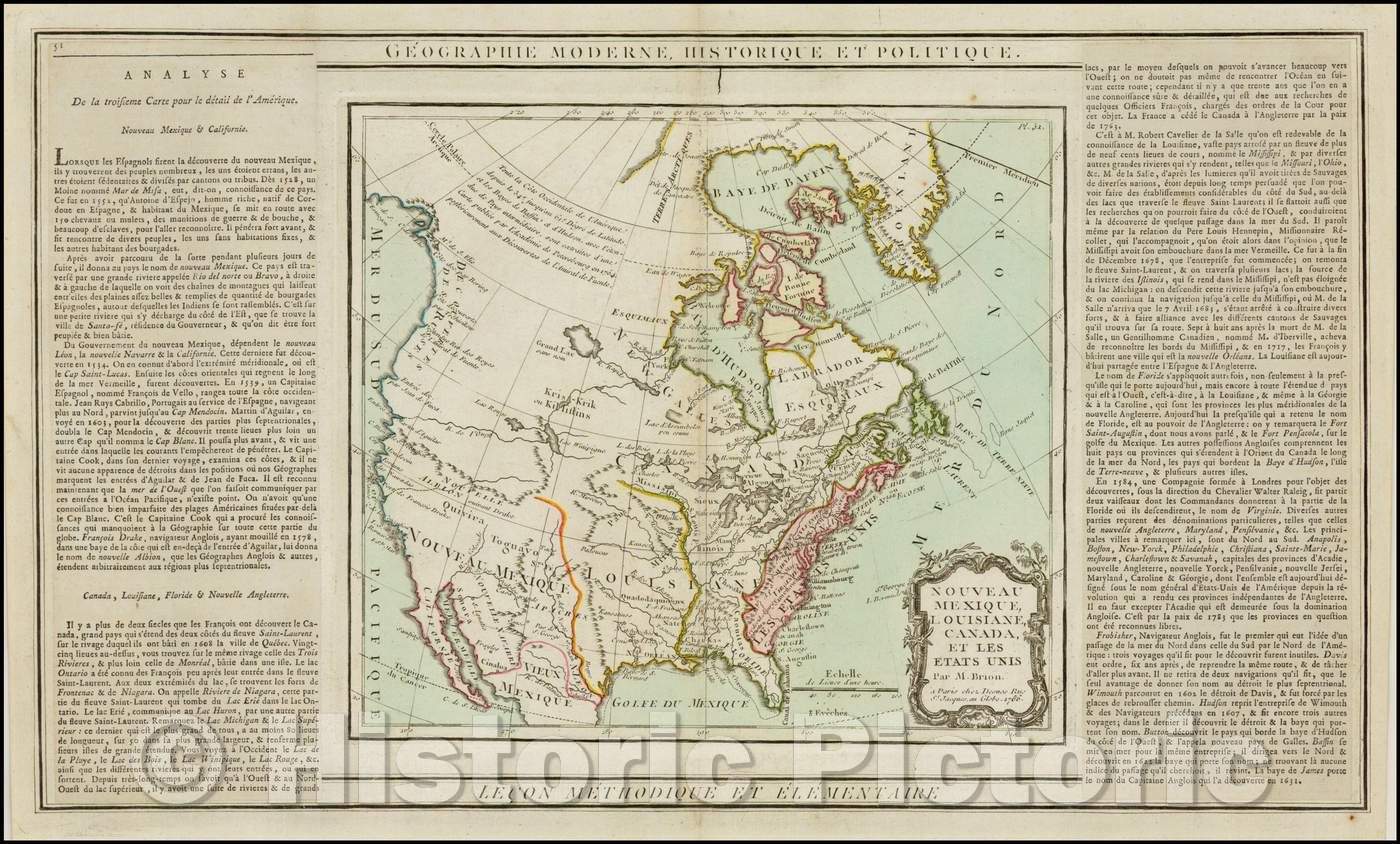 Historic Map - Nouveau Mexique, Louisiane, Canada et Nlle. Angleterre/New Mexico, Louisiana, Canada and Nlle. England 1786 ?, 1786, Louis Brion de la Tour - Vintage Wall Art